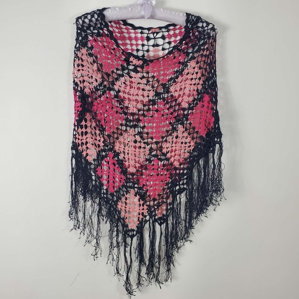 Seduction Crochet Black And Pink Poncho with Long Fringe